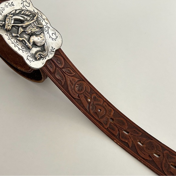 Burton Cowhide Brown Leather Tooled Belt Silver-toned Horse Buckle Western - Picture 3 of 8